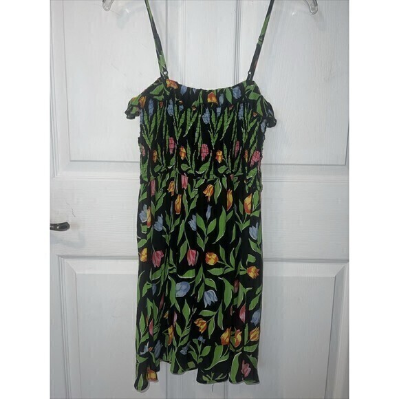 URBAN OUTFITTERS Black Sleeveless Floral Tulip Print Ruffles Mini Dress Sz Med - Picture 2 of 8